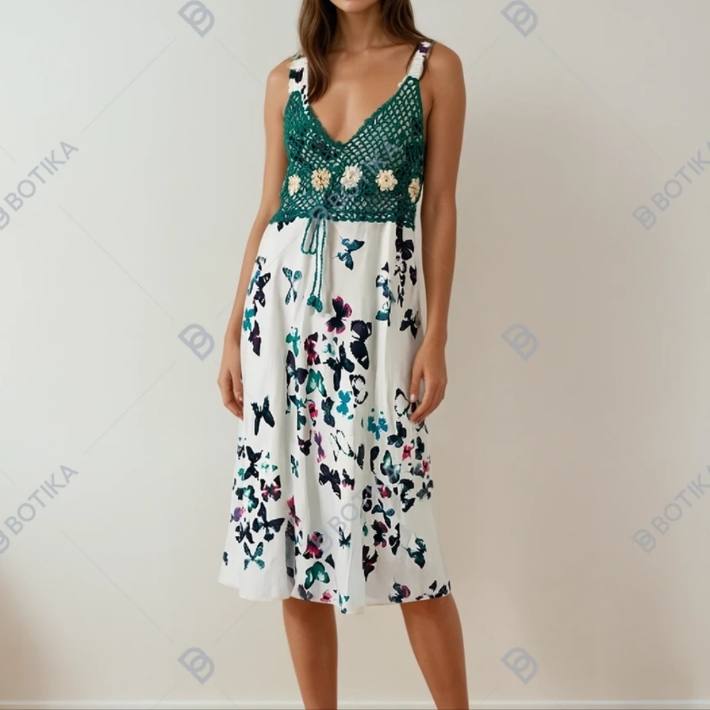 Butterfly/crochet top midi dress, sleeveless, size S